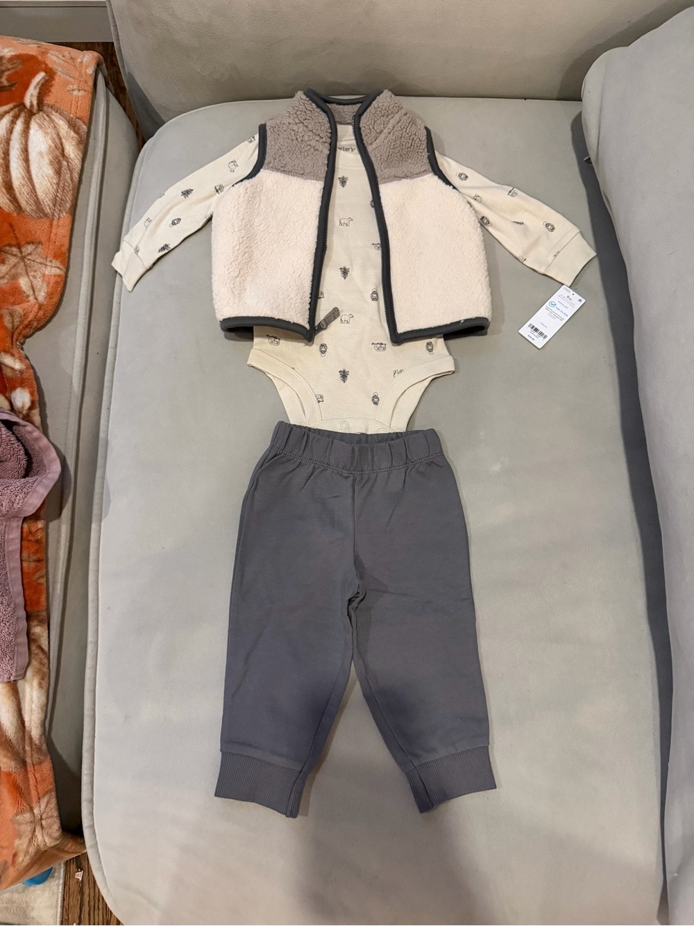 Carter's Cream Sherpa Vest with Gray Joggers & Printed Bodysuit